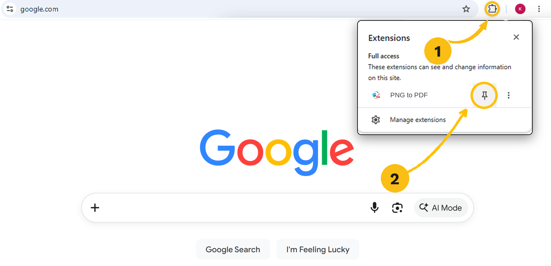 Chrome extensions menu with the puzzle icon and the pin icon next to PNG to PDF highlighted